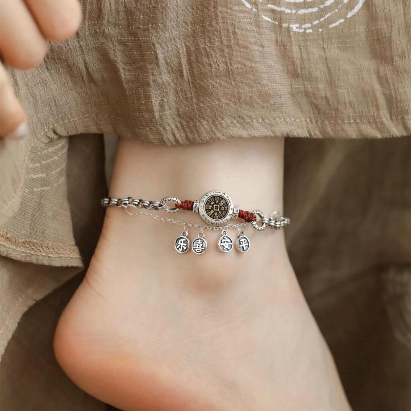 Vintage Chinese Style Anklet Women - Plated Charm With Red Braided Cord Ethnic Boho Jewelry
