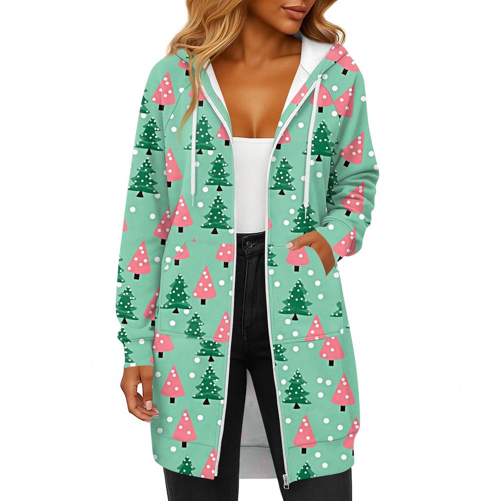 Women's Fashionable Christmas Printed Long Sleeved Drawstring Hooded Zipper Pocket Long Casual Sweatshirt Jacket