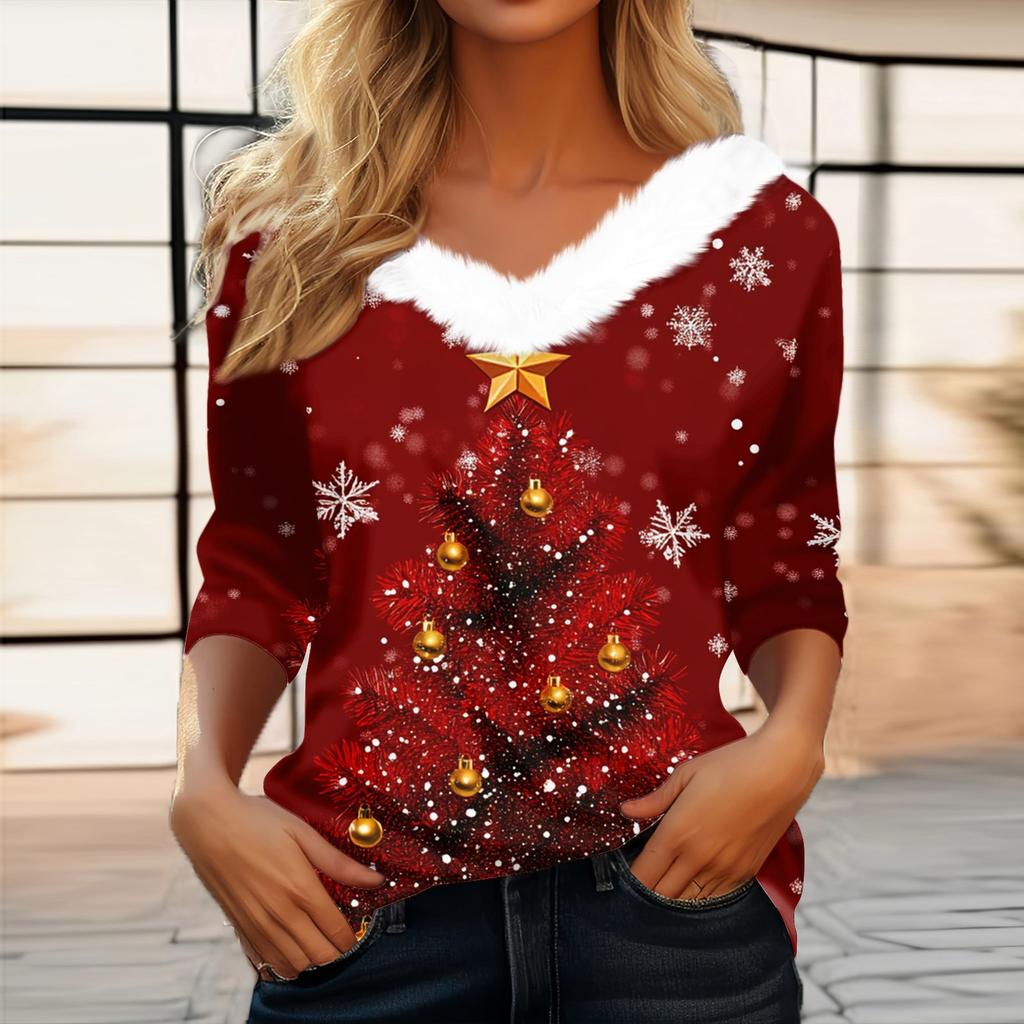 Женская мода с длинным рукавом и рождественским принтом, праздничный воротник, V-образный вырез