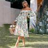 Summer Square Collar Floral Print Dress Women Elegant Fashion Long Sleeve Vintage Dress Plus Size High Waist A-line Party Loose Casual Dresses 1330