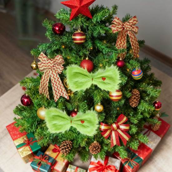 Рождественский зеленый пушистый бант для елки Большой зеленый пушистый бант для волос с красным сердцем Аксессуары для рождественского костюма для женщин, девочек