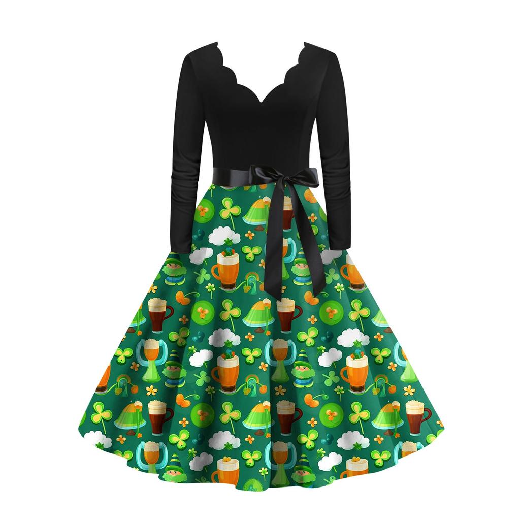 Women's Vintage Classic Dress Long Sleeve St. Patrick's Day Print V-neck Swing Dress