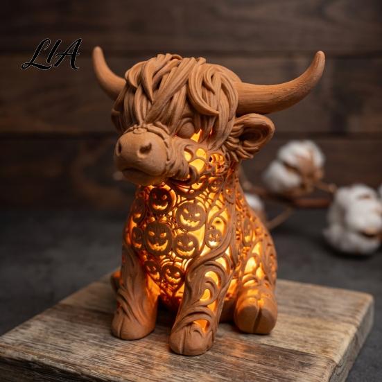 Scottish Cattle Figurine Highland Cow Tea Light Candle Holder, 3D Printed with LED Warm Ambient Lighting Light, Tabletop Decor for Home Bedroom
