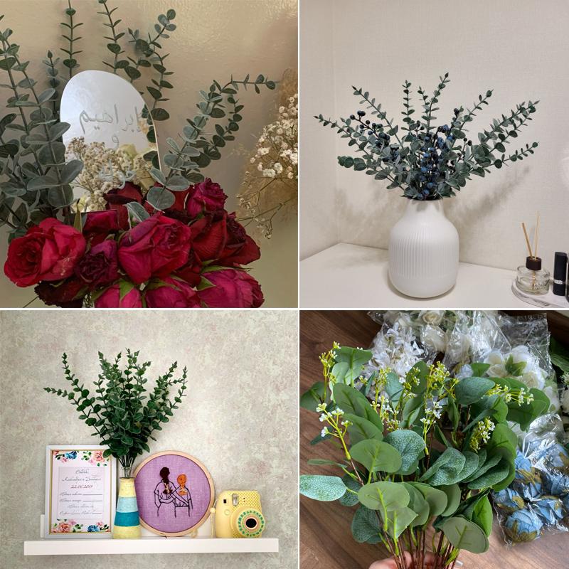 15 шт. искусственные листья эвкалипта, стебли зелени с морозом для вазы, украшения для дома, вечеринки, свадьбы, уличный цветок, декор для стен своими руками