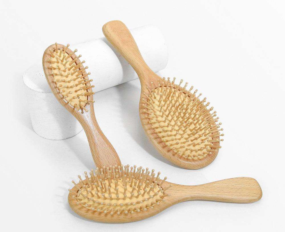 Eco Friendly Natural Beech Wood Compact Waterproof Scalp Massager Paddle Airbag Cushion Hairbrush Detangling Function for Travel