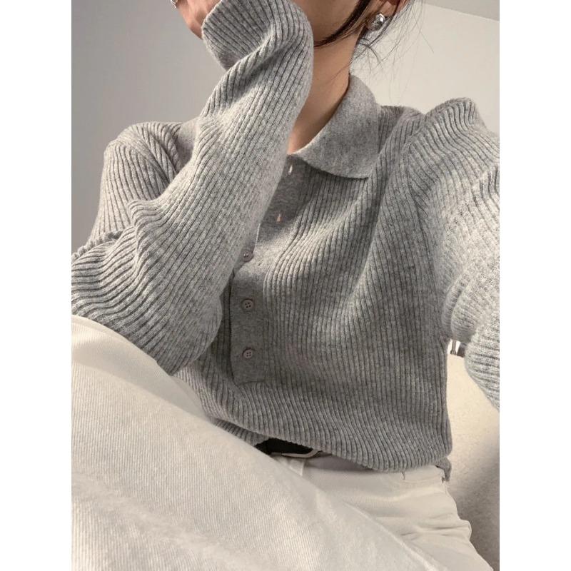 Южная Корея шикарная осень простая элегантная поло воротник полосатый универсальный утягивающий однотонный длинный рукав мягкий клеевой трикотаж