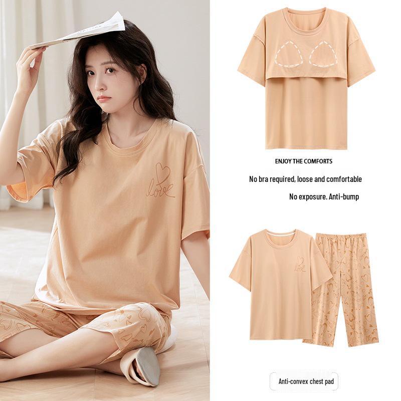 Женский летний капри-пижамный комплект 2025: Тонкий хлопок с коротким рукавом и нагрудными вкладышами, универсальный для ношения дома или на улице