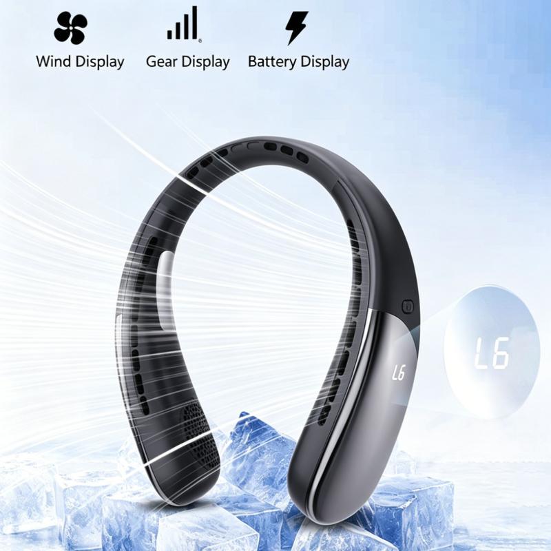 Portable Neck Hanging Fan,6 Speeds Bladeless Rechargeable Digital Display Air Cooler Electric Fans For Outdoor And Office Use