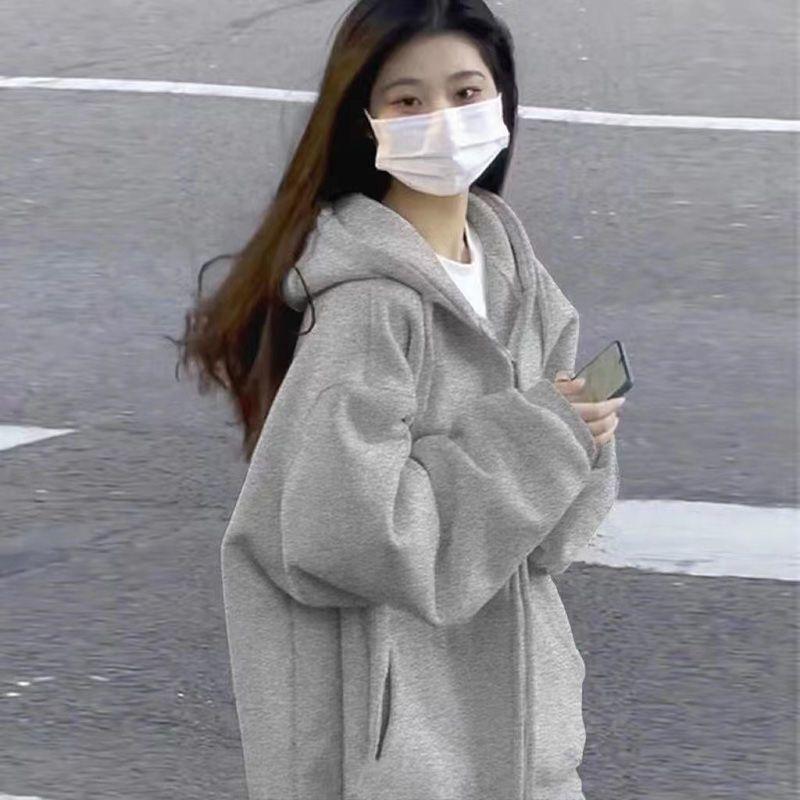 Sweatshirt Women's Sprin Autumn Hooded Thin Jacket with Thick Velvet Korean Style Trendy Student Loose Top Cardigan