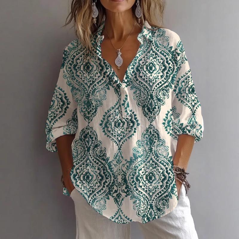 2025 Новая женская повседневная рубашка с длинным рукавом, воротником-стойкой, обычного кроя, с цифровым принтом