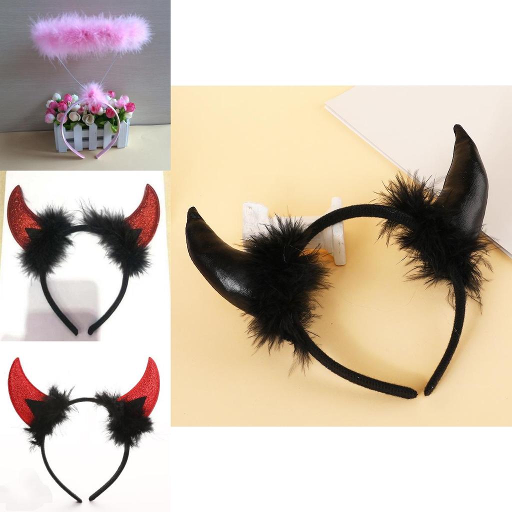 Повязка на голову для Хэллоуина и Рождественской вечеринки с белым пером, рожками ангела и демона, для костюма и праздничного декора