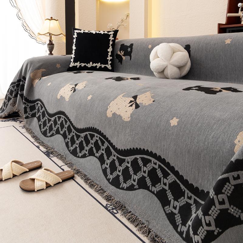 Vintage Chenille Sofa Cover Full Coverage Non-Slip Couch All-Season Universal Dog Pattern Couch Camping Blanket