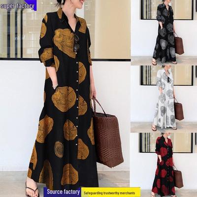 Женское большое хлопково-льняное мусульманское повседневное платье с длинным рукавом