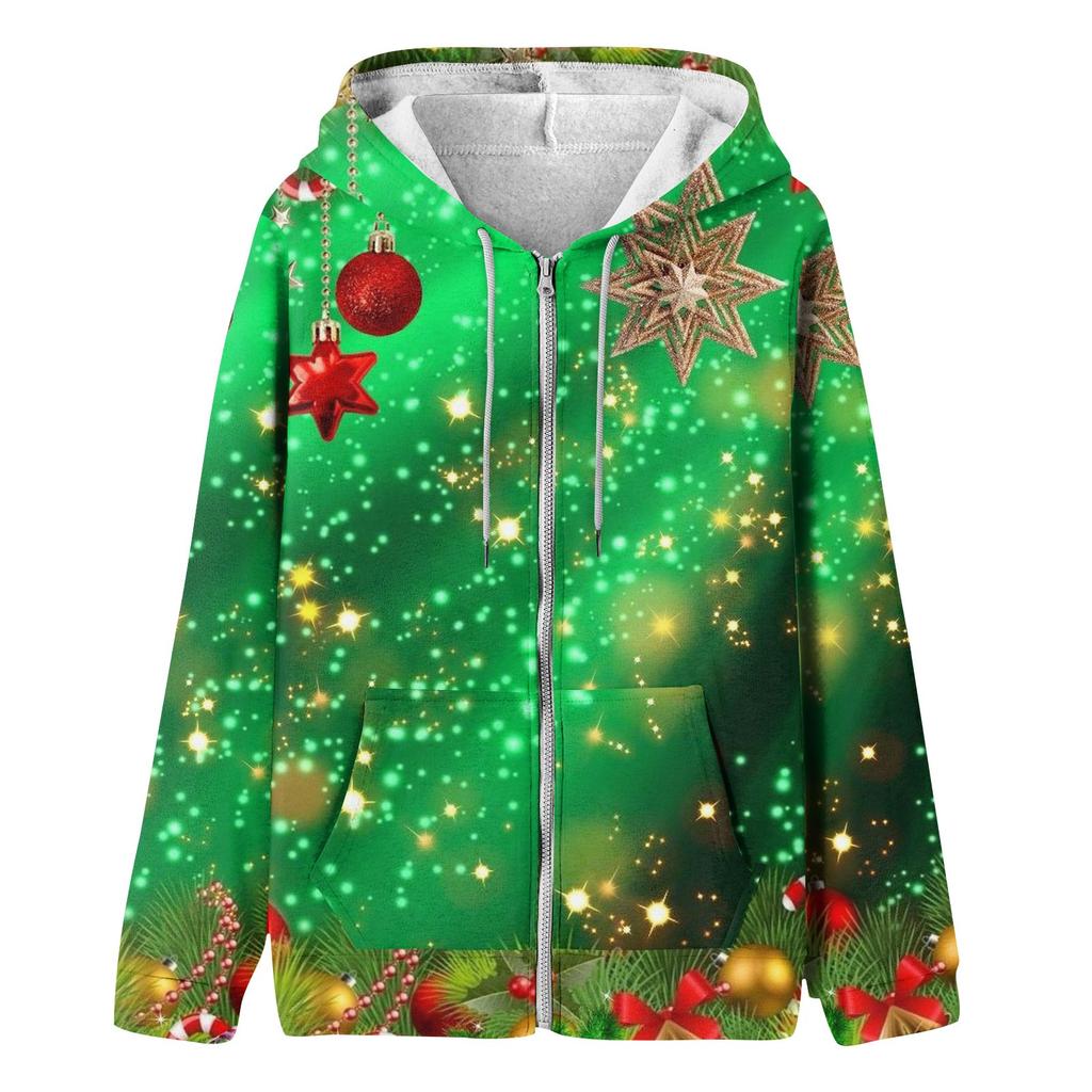 Женская мода повседневная рождественская печатная толстовка осень и зима длинный рукав с карманом кардиган куртка куртка с капюшоном пальто