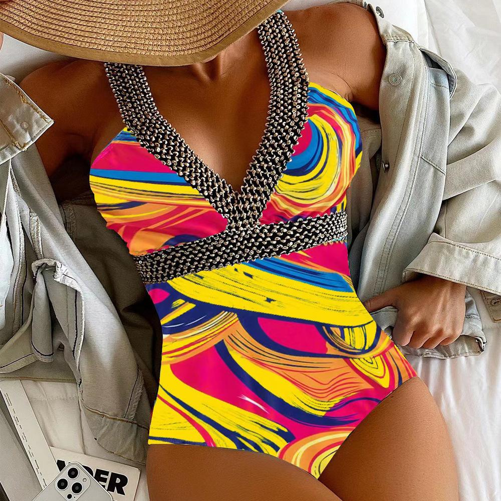 Сексуальный купальник на бретелях с принтом, женский цельный купальник с эффектом пуш-ап, монокини с открытой спиной, летний купальный костюм