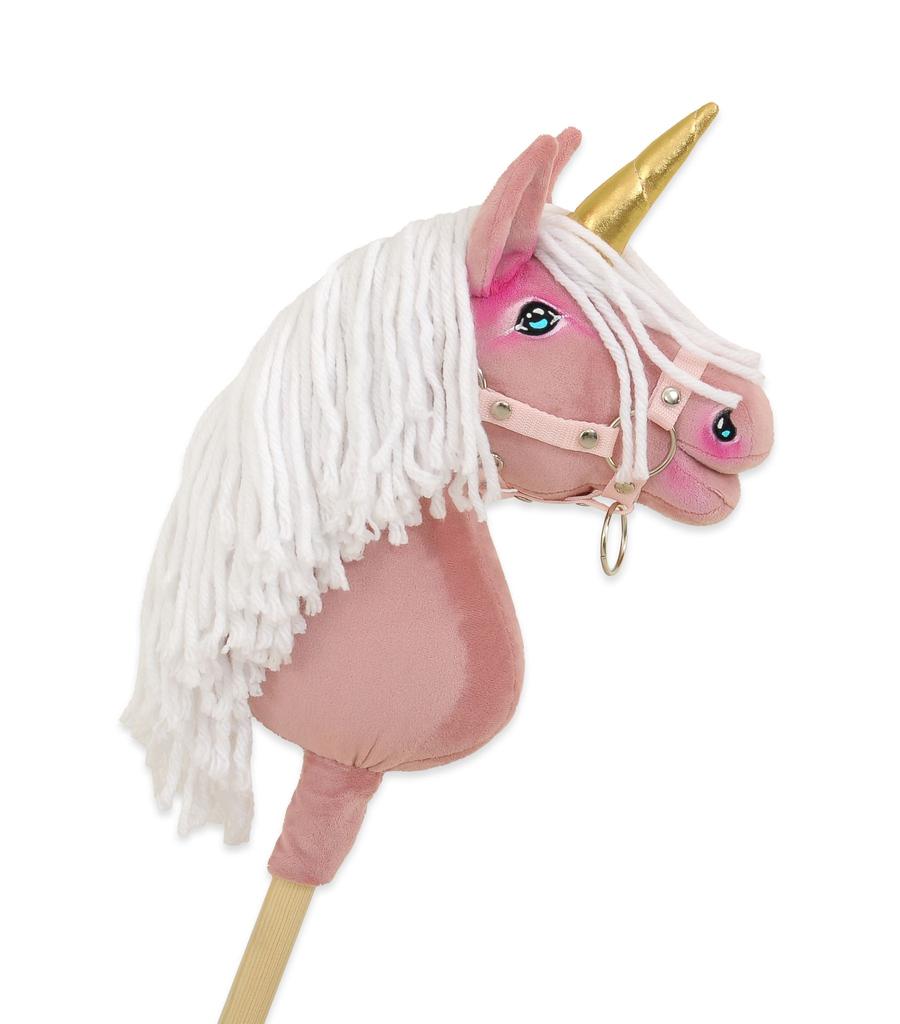 Hobby Horse Unicorn on a Stick, Small, Dusty Pink, with White Mane and Gold Horn