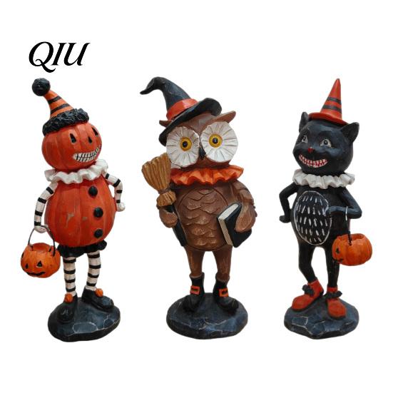 Decorative Resin Crafts Wooden Halloween Figurines, Pumpkin Scarecrow Wizard Owl Black Cat Tiered Tray Seasonal Accents Statue, Rustic Desktop