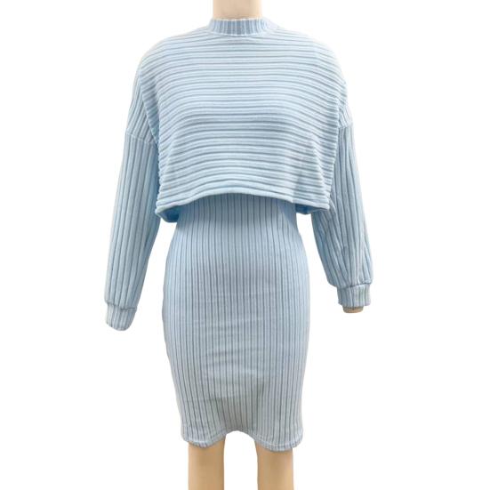 2 Pcs/Set Women Top Dress Suit Mock Collar Thread Long Sleeve Sweater V Neck Sheath Slim