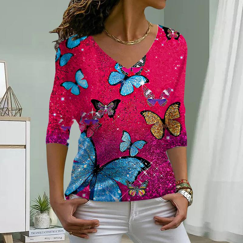 Orange Butterfly Print Women Tshirts Ladies Tops Long Sleeve V-neck Pullover Femme T-shirts T Shirt For Women