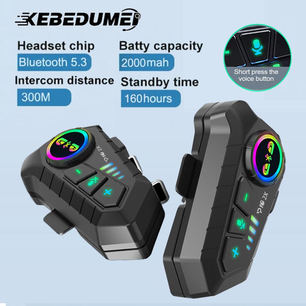 KEBIDUMEI 1/2x Motorcycle Intercom Headset Helmet For 2 Riders Intercommunicator Moto 300M Waterproof Music Sharing Interphone
