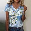 New Women T-Shirt Simple Flower 3D Print Plus Size Tee Summer Women's Clothing Designer Short Sleeve Women V-Neck