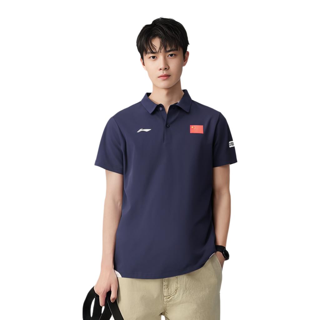 Мужская рубашка поло с коротким рукавом и принтом национального флага Li Ning, синяя APLS229-1