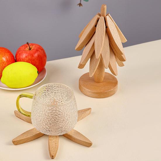 5Pcs Wooden Tree-Shaped Coasters with Base Heat-resistant Drink Placemats Pot