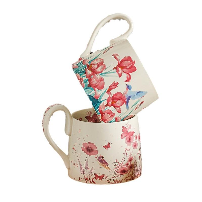 Hand Painted Cartoon Flower Large Capacity Mug Ceramic Cup High Value Coffee Cup Water Cup
