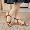 2025 Fashion Spring and Summer New Cross T-word with Wedge Heel Sandals Beaded Decorative Design Back Tripple Elastic Women's Shoes