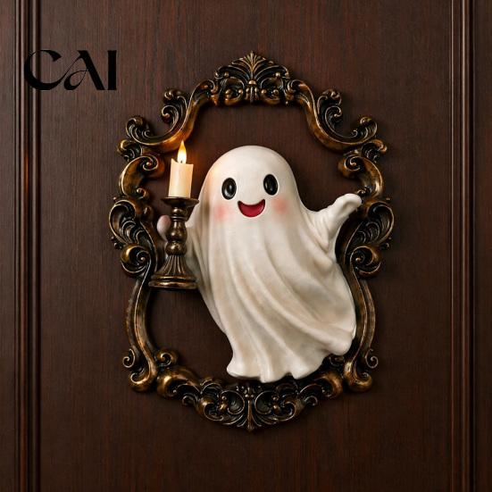 Retro Wall Lamp Halloween Ghost Lamp, Gothic Resin 3D Frame Art, Non Glaring Light Vintage Sculpture with LED Candle for Living Room, Home Decor Warm