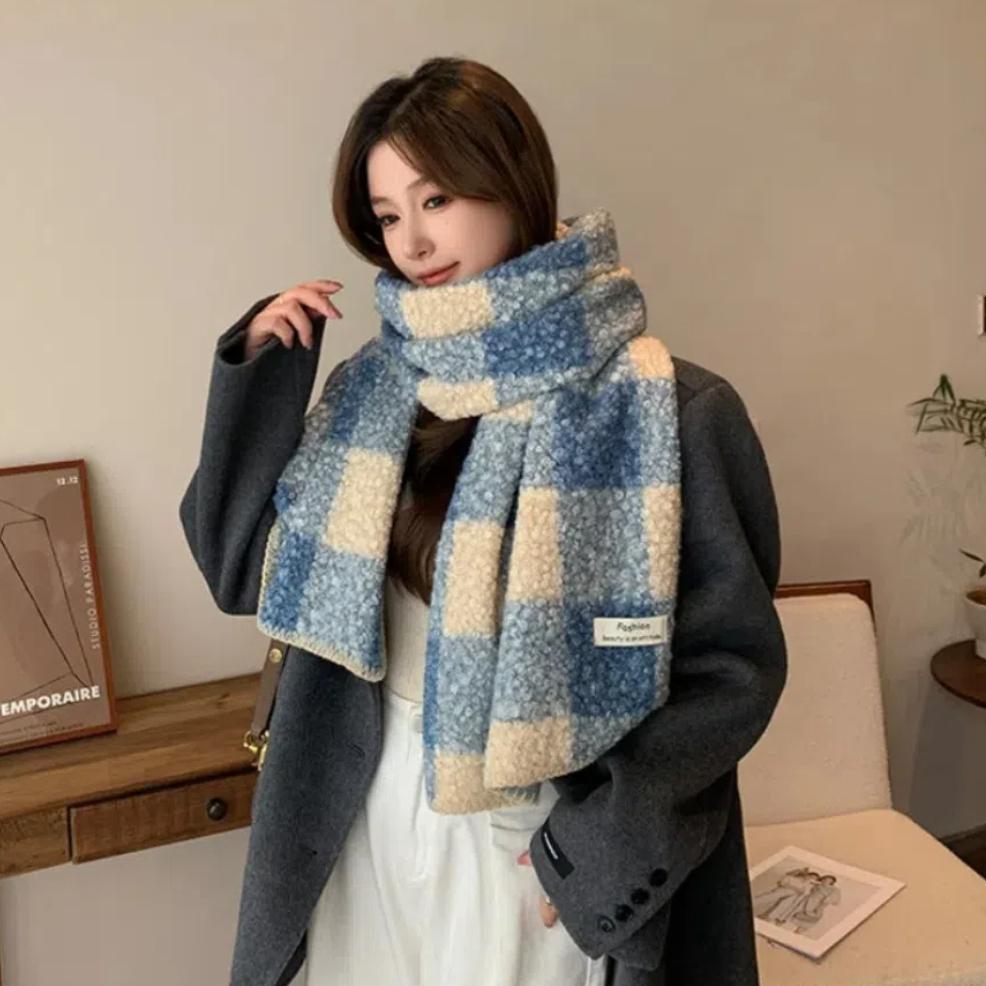 Korean Style Plaid Fleece Scarf Coldproof Winter Cashmere Shawl Elegant Curly Wool Scarf Women