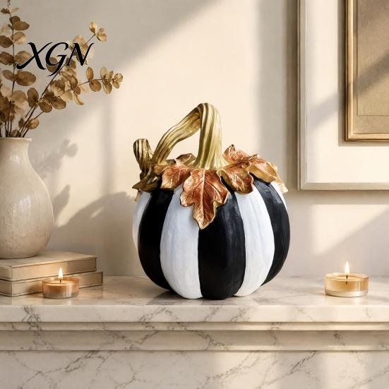 Hand Painted Retro Style Decor Black And White Striped Pumpkin Ornament, Resin Three Dimensional Sculpture Tabletop Centerpiece, Halloween Ornament