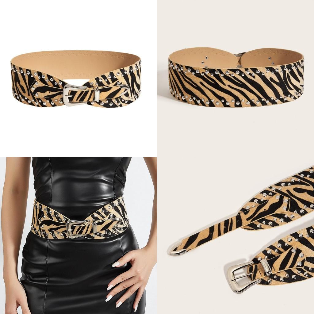 Fashion Print Leopard Pattern Rivet Metal Buckle Decoration Women Wide Waistband