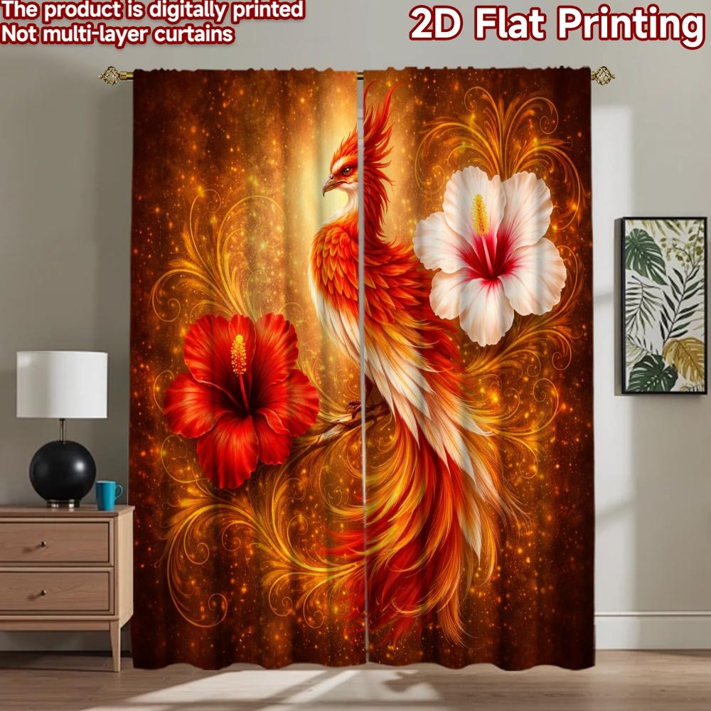 2D flat printing 2pcs Curtain Drapes Phoenix with Hibiscus Flowers Digital Printed Polyester Drapes Family Party Perfect for All