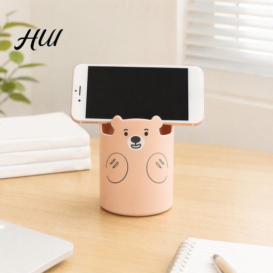 Study Table Pen Holder Cute Bear 2-in-1 & Phone Stand, Macaron Colors Desk Organizer, Large Organizer Capacity Storage for Pens Makeup Brushes