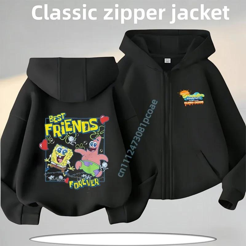 2026 New SpongeBob Cartoon Print New Style Children's Zippered Hooded Sweatshirt Casual Jacket Autumn/Winter Coat Polo Shirt