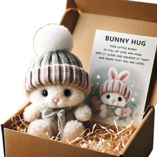 Mini Bunny Hug Easter Gift Plush Stuffed Rabbit Doll with Knitted Hat And Pom Pom Pocket Emotional Support Animal with Gift Box Inspirational Card