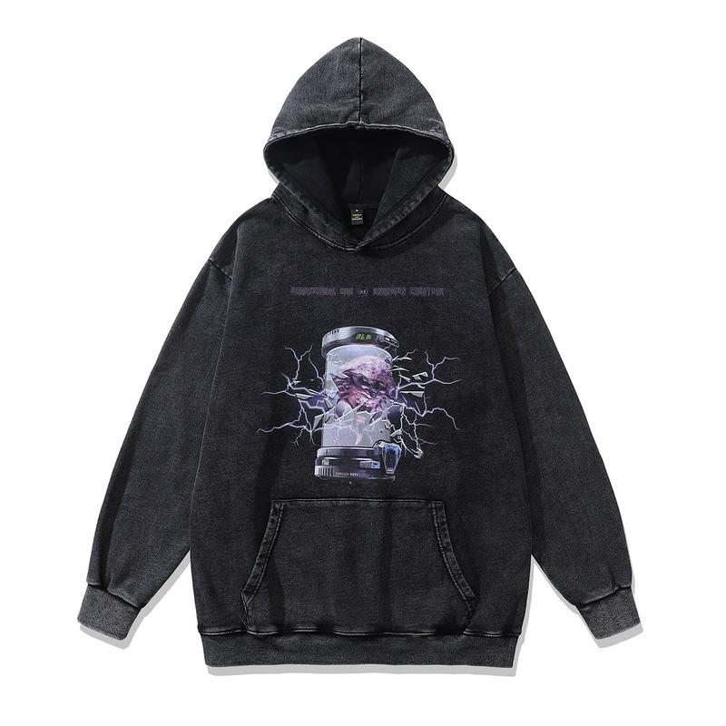 Heavy Terry Hooded Sweater Autumn And Winter Street Trendy Brand Hip Hop Retro Printing Fried Color Hoodie Men