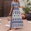European and American fashion vacation dress V-neck short-sleeved long dress waist hollow lace-up dress