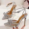 Liyke Size 42 Sexy Crystal Transparent Female Pumps Thin High Heels Fashion Bowknot Pointed Toe Ankle Strap Sandals Women Shoes