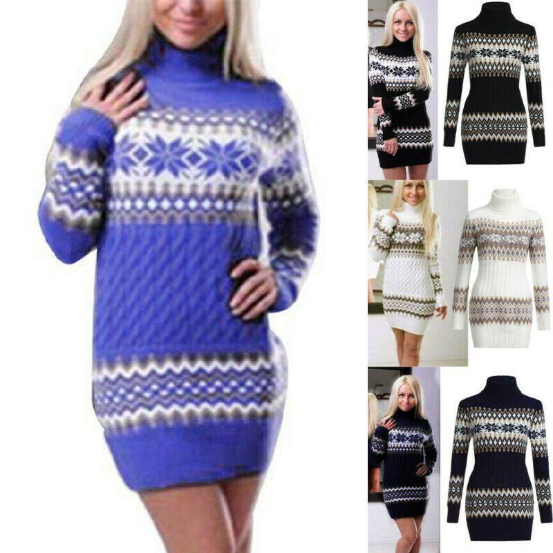 Elegant Christmas Woman Turtleneck Sweater Dress With Festive Snowflake Pattern