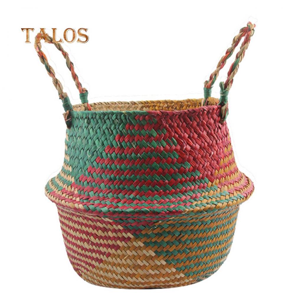 T-Garden Folding Straw Wicker Storage Basket Handle Garden Flower Pot Planter Laundry Bag
