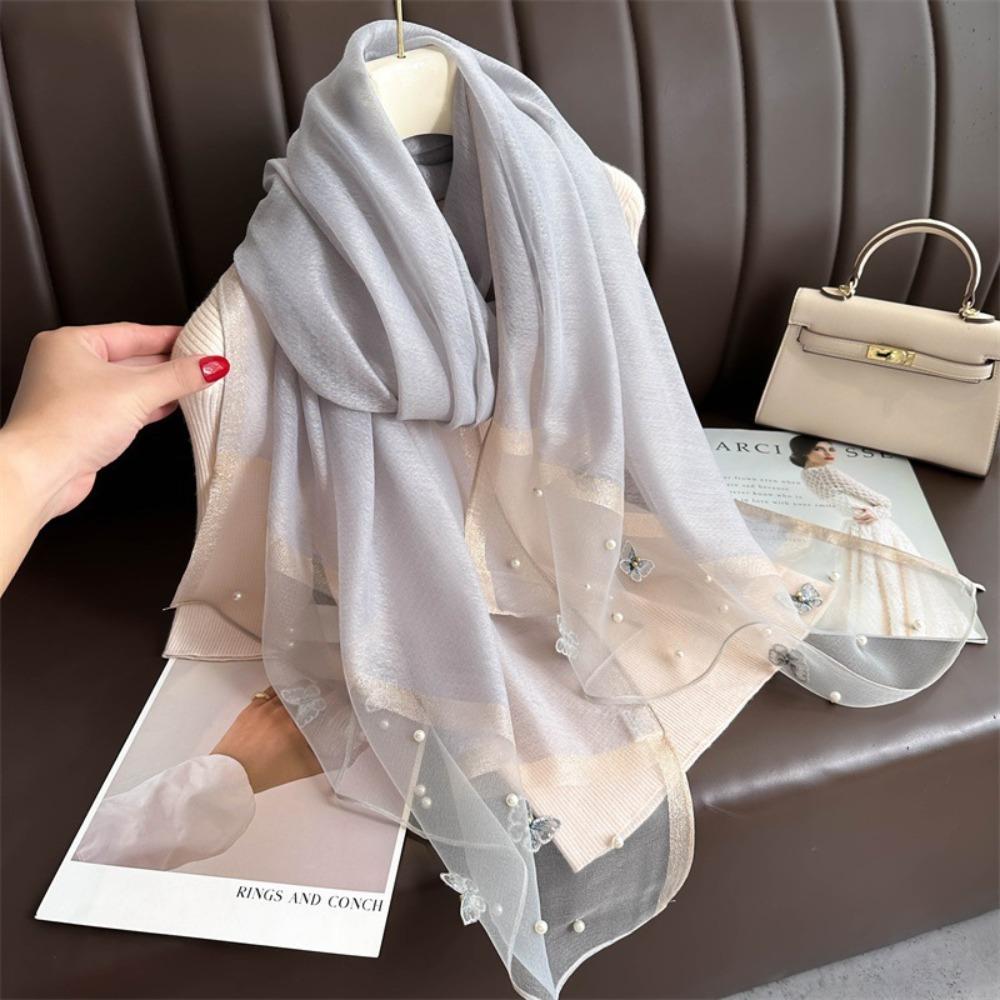 Thin Butterfly Embroidery Scarf Pearl Women Hijab Shawls Elegant Silk Scarf Lady