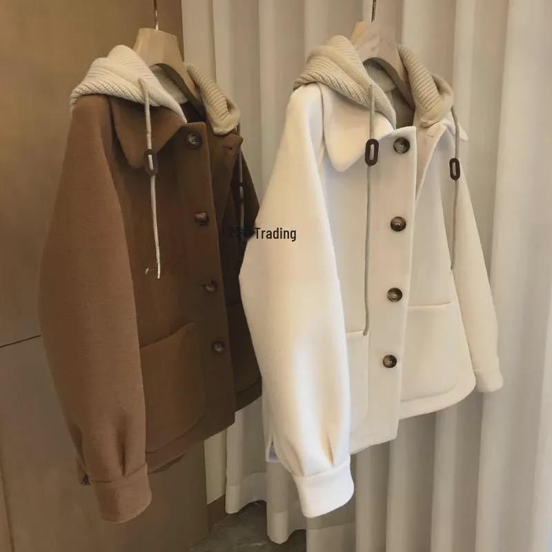 Женское шерстяное пальто свободного покроя с капюшоном из двух частей — плотное, плюшевое, идеально подходит для осени и зимы