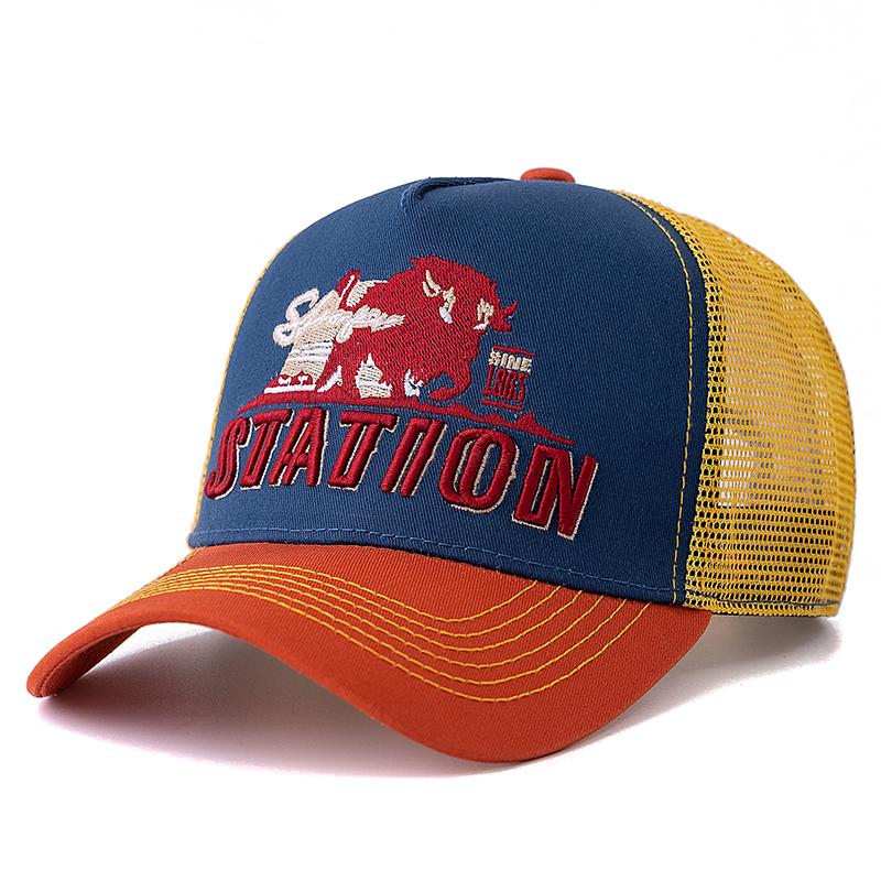 Летняя рыболовная кепка STATION Letter унисекс, дышащая сетчатая кепка дальнобойщика с вышитыми большими бизонами и быками