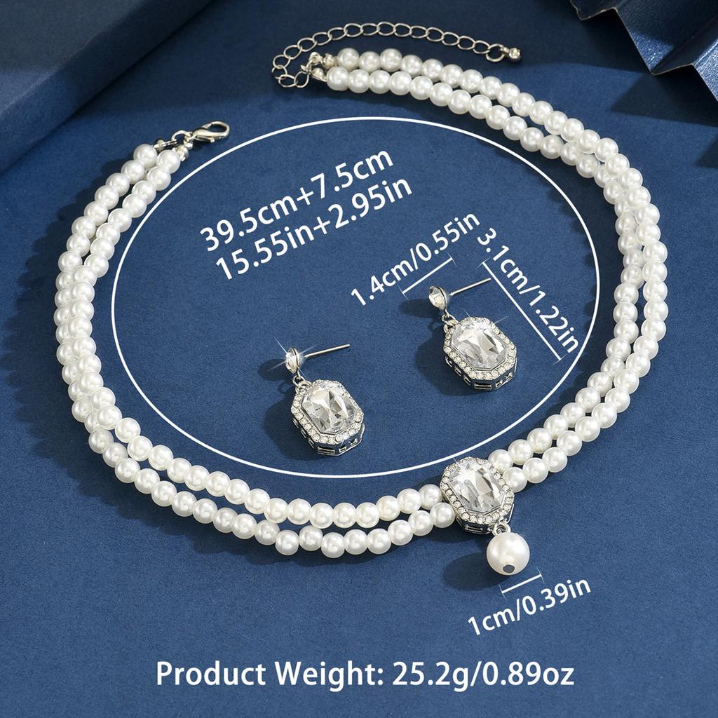 Ladies Two Layer Pearl Shines Oblong Crystal Necklace & Ear Drop Jewelry Set