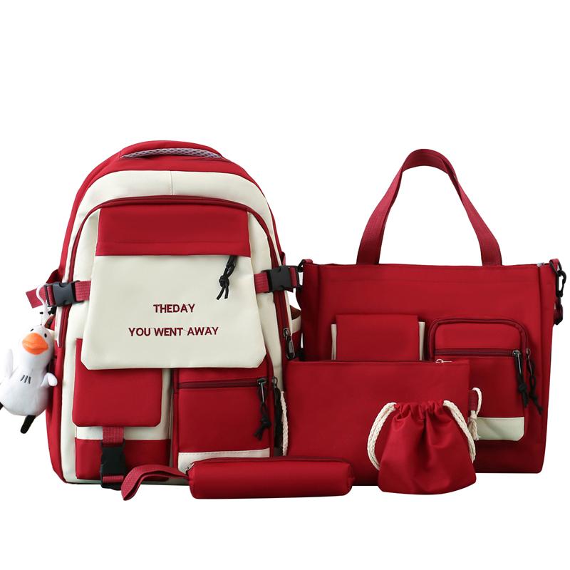 Five-Piece Backpack Set Color Block Schoolbag Women's Lightweight Backpack Large Capacity Travel Backpack for Students