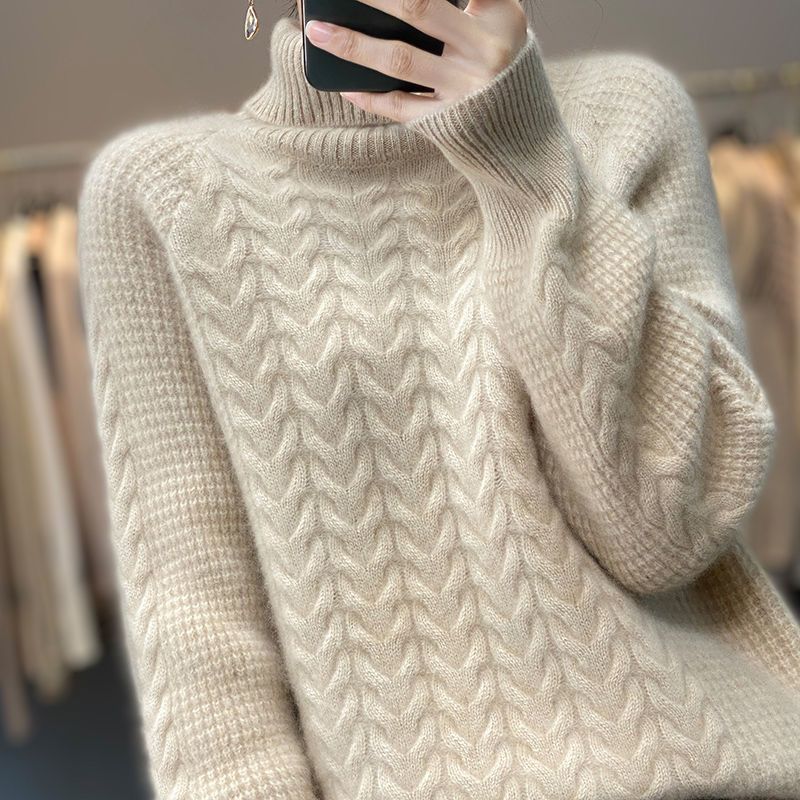Solid Turtle Neck Cable Knit Sweater, Elegant Long Sleeve Wool Pullover Sweater, Women's Clothing