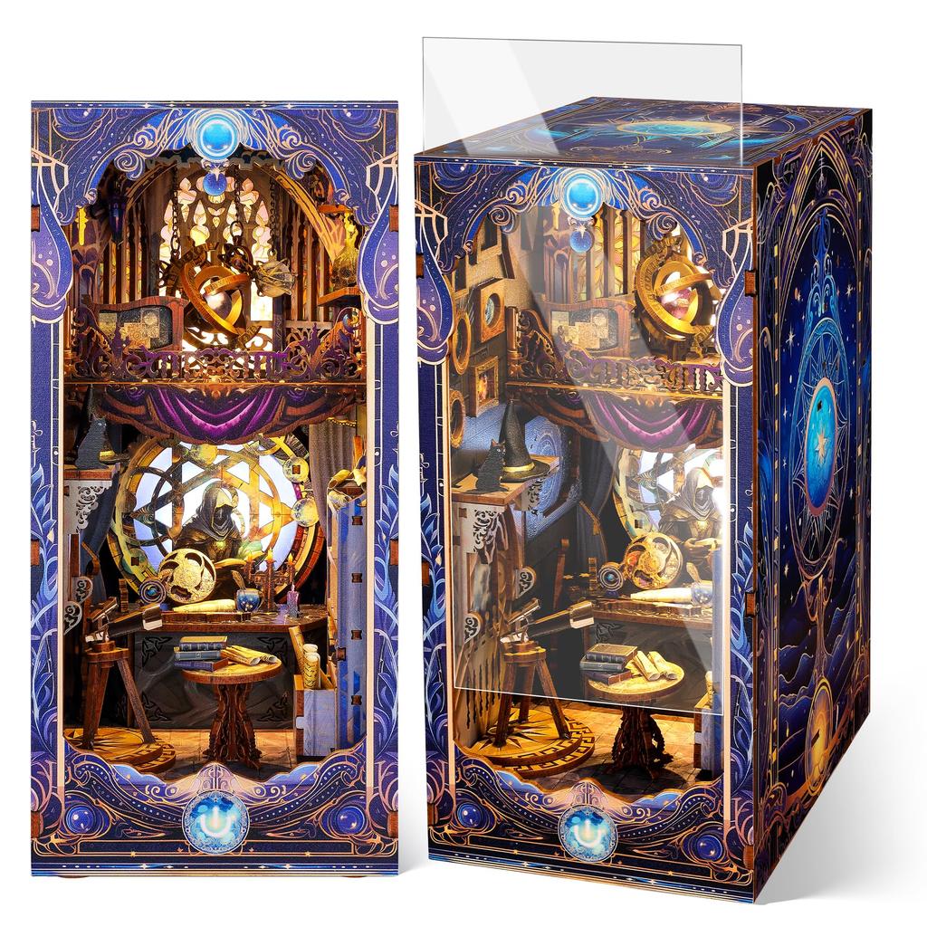 FUNPOLA 3D Puzzle Booknook Kit Booknook Wooden Puzzle DIY Miniature Dollhouse LED Books shelf Holder Bookends Display Craft Set for beginners and Juniors