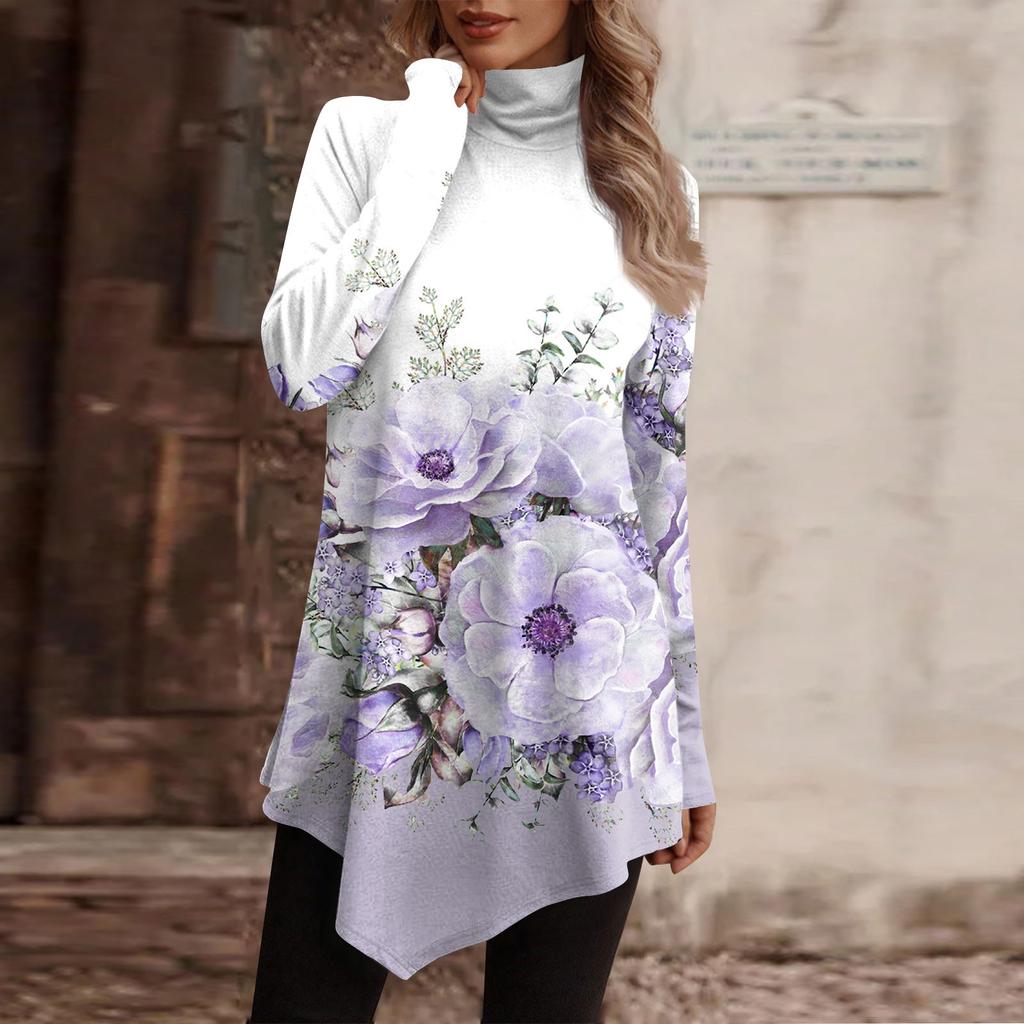 Casual Fashion Floral Print Shirt Tops High Neck Irregular Hem Long Sleeve Pullover Tops